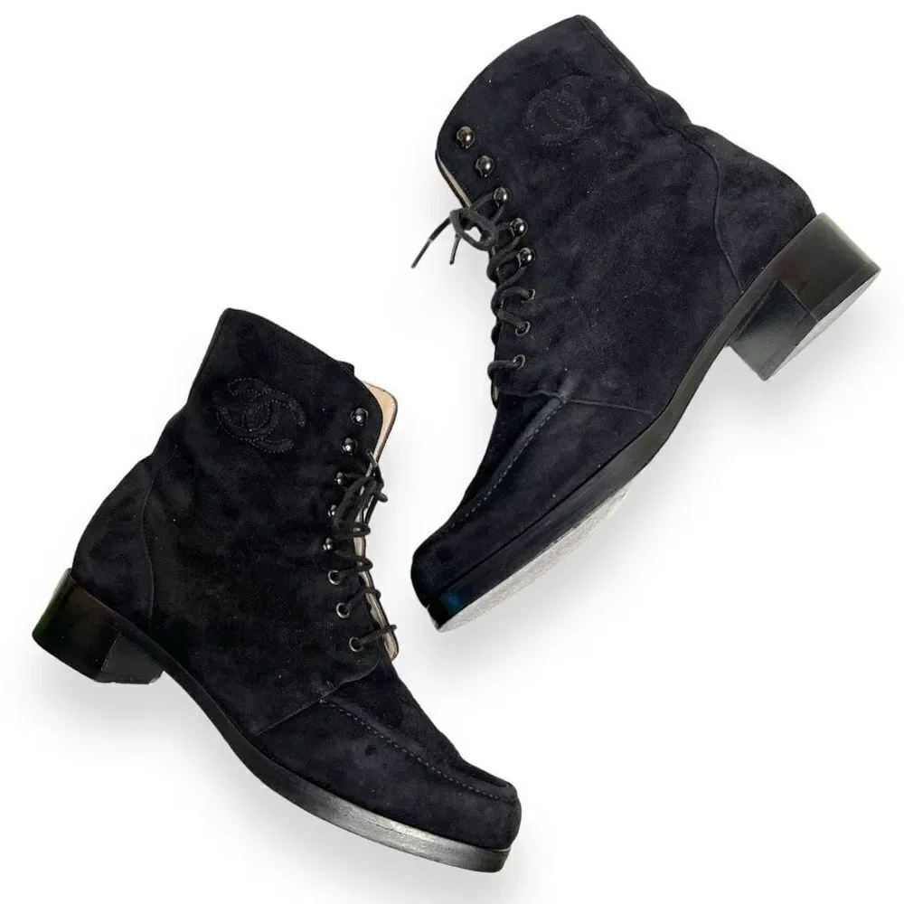 Chanel Classic CC Logo Lace Up Combat Black Suede Leather Boots Size 37